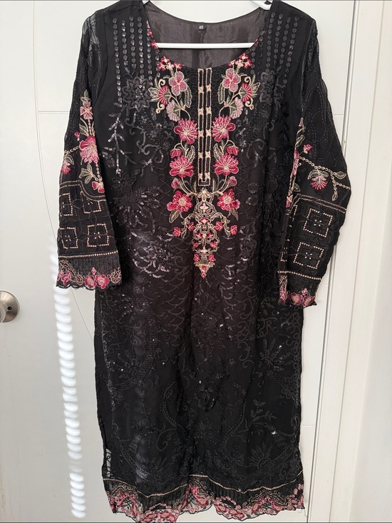 Other - Black Embroidered Floral Indian pant Suit with Pink Accents